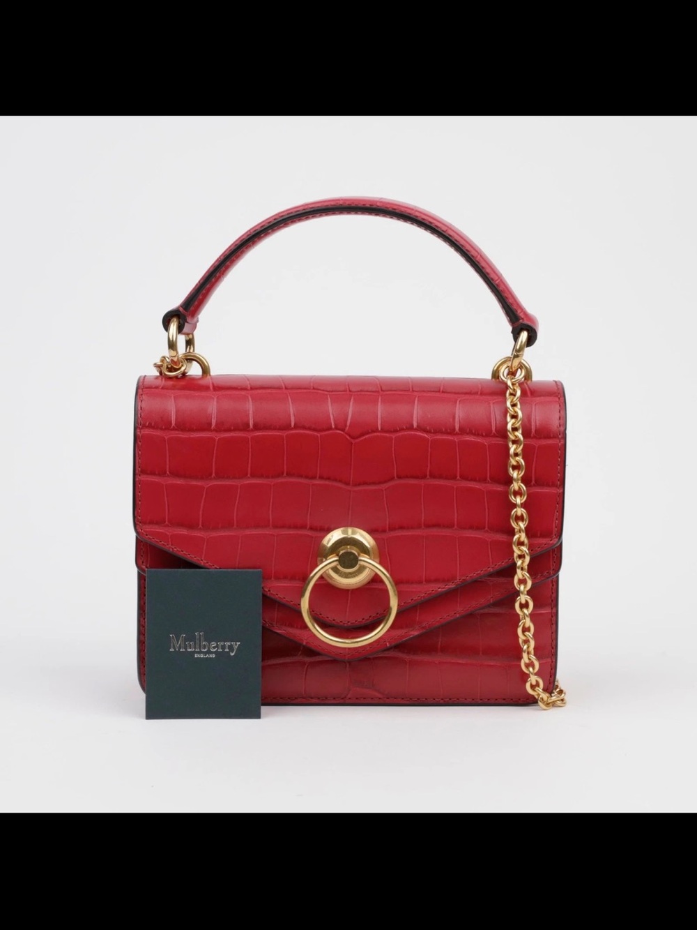 Mulberry Red Croc-Embossed Top Handle Satchel with Gold Ring Hardware